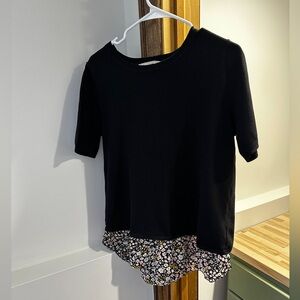 LOFT Black Floral Hem Short Sleeve Top